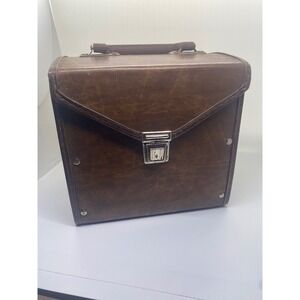 Vintage Brown Faux Leather Vinyl Record Carrying Case Storage Box with Handle